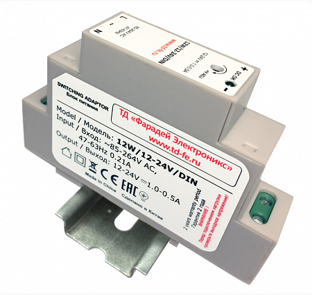 Faraday БП-12W/12V/DIN Блок питания 12В (1А), автоматическая защита от перегрузок и КЗ, для установки на DIN-рейку, 91х63х9.5мм